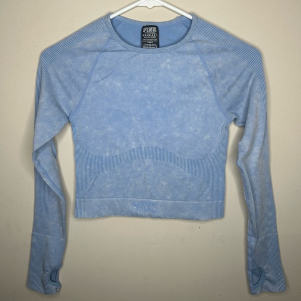 Victorias Secret PINK Seamless Stretch Long Sleeve Cropped Top Baby Blue Size S